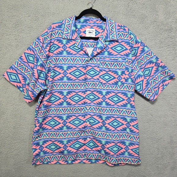 Spicy Tuna Other - Spicy Tuna Mens‎ Button Front Short Sleeve Aztec Pink Blue Green Shirt Large